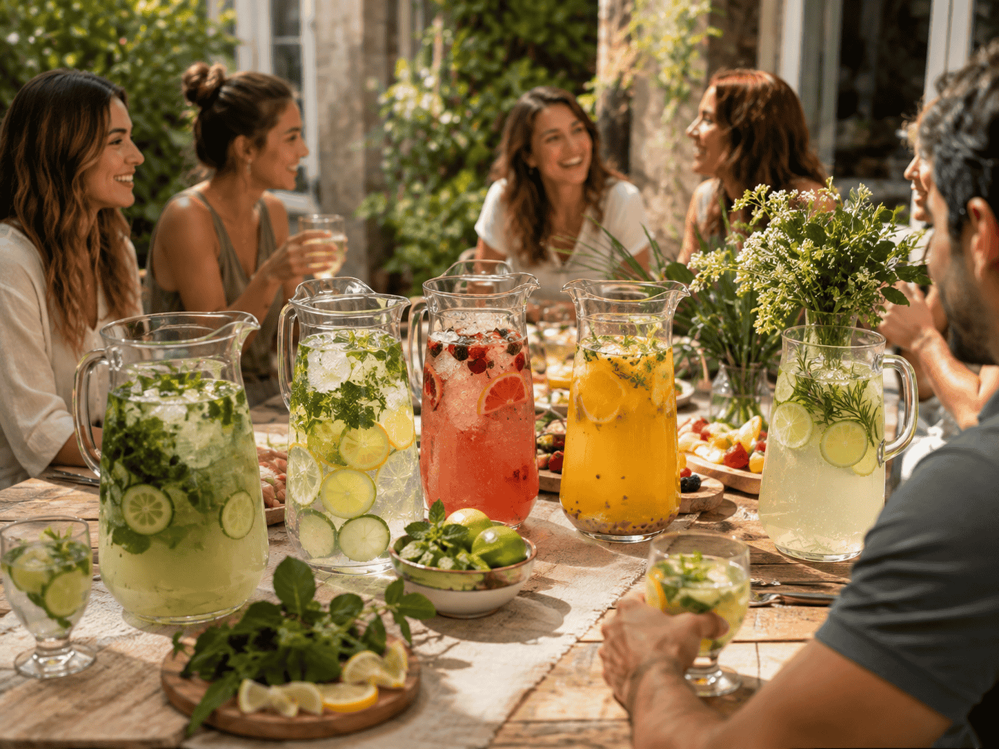Jarras y bebidas para compartir durante una reunión